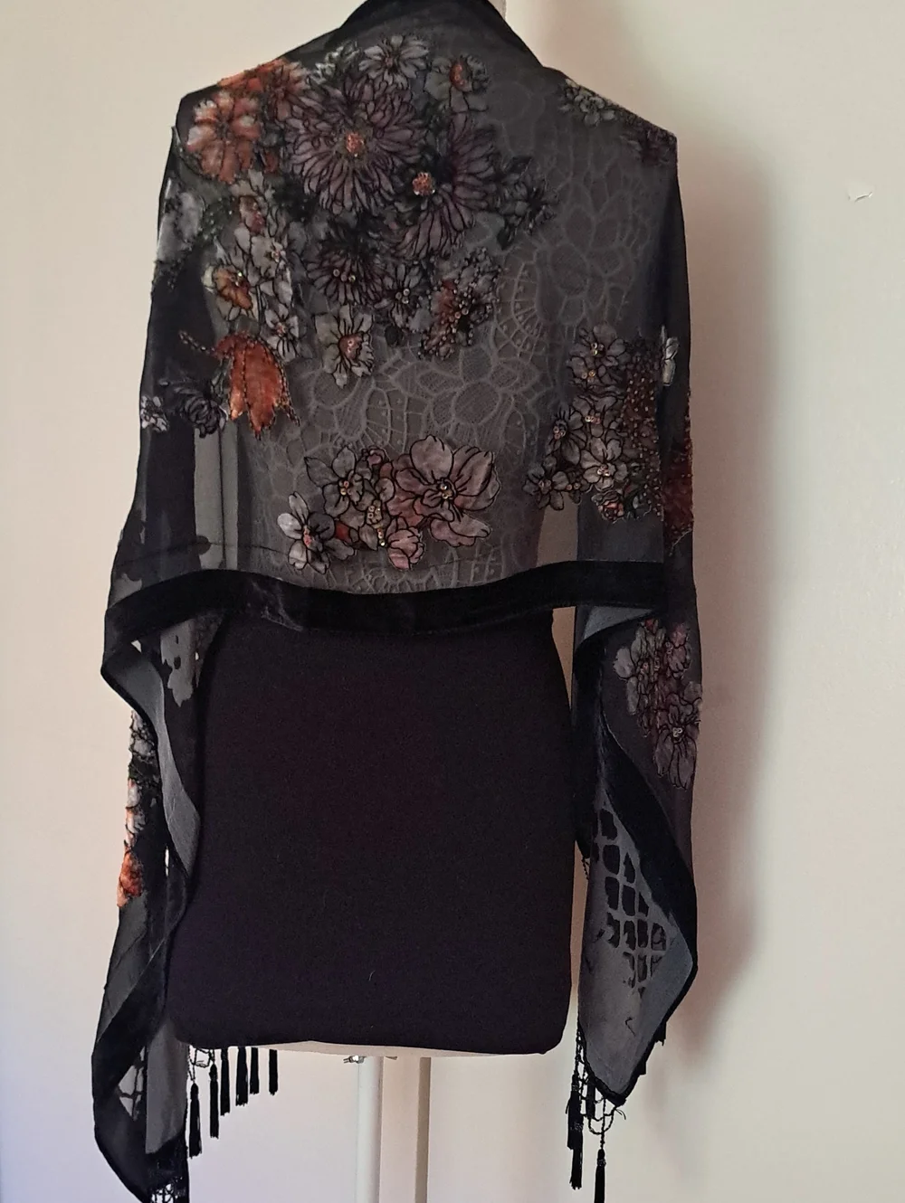 Vintage Black Sheer Floral Scarf with Fringe 100% Silk